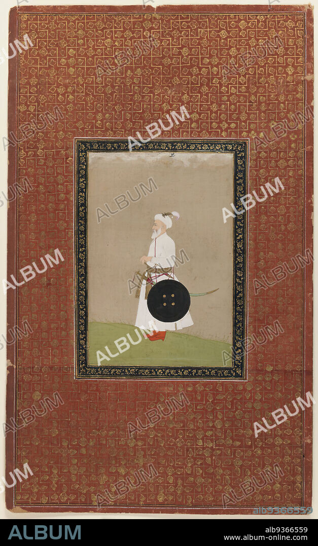 Muhammad Amin Khan Turani, Indian, Opaque watercolor and gold on paper, Deccan, India, 1875-1900, Mughal, sheet: 19 11/16 x 11 13/16 in., 50.0 x 30.0 cm, Beard, Deccan, Gold, Hyderabad, Katar, Paper, Shield, Sword, Warrior, Watercolor.