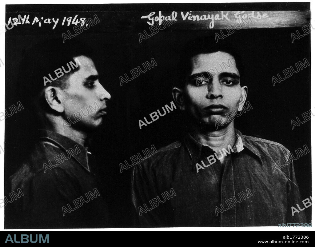 One of the attempters on Gandhi's life. Mug shot of the Indian political activist Gopal Vinayak Godse, one of the attempters on Gandhi's life sentenced to life. India, 12th May 1948.