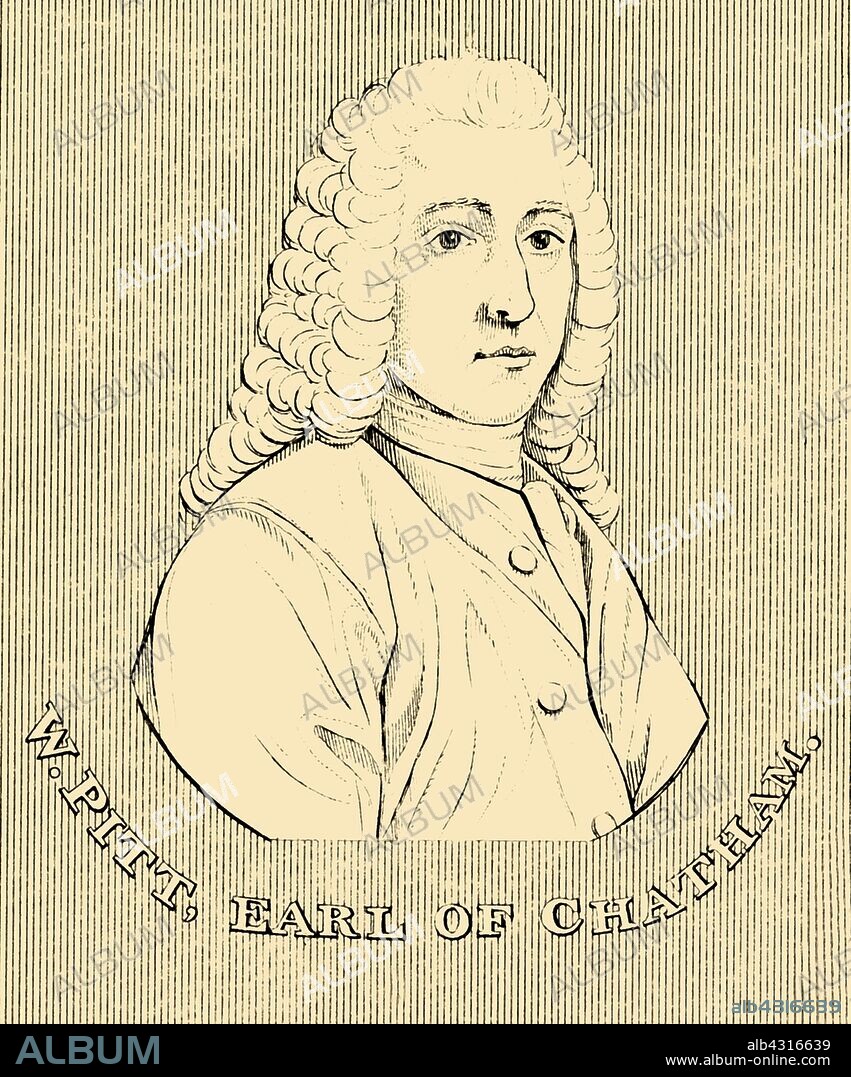 'W. Pitt, Earl of Chatham', (1708-1778), 1830. William Pitt, 1st Earl of Chatham (1708-1778) British Whig who served as Prime Minister mid 18th century. He held office as Lord Privy Seal,  best known as wartime leader during the Seven Years' War and in support of a colonial position in the American War of Independence. From "Biographical Illustrations", by Alfred Howard. [Thomas Tegg, R. Griffin and Co., J. Cumming, London, Glasgow and Dublin, 1830].