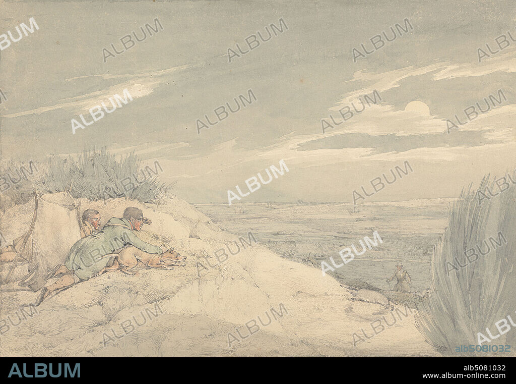 'The National Sports of Great Britain' 1821: Badger Catching, Henry Thomas Alken, 17851851, British, 1821, Graphite and watercolor on medium, slightly textured, cream, wove paper, mounted on, moderately thick, smooth, beige, wove paper, Mount: 14 1/2 × 19 5/16 inches (36.8 × 49.1 cm), Contemporary drawn border: 11 1/16 × 15 1/4 inches (28.1 × 38.7 cm), and Sheet: 9 1/4 × 13 7/16 inches (23.5 × 34.1 cm), badger (animal), bushes, catching, dog (animal), hill, hunters, hunting, landscape, men, sporting art, trees.