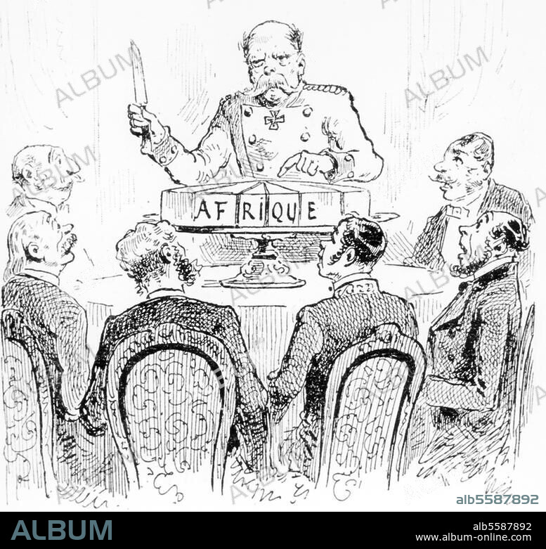 ANONYM. Kongokonferenz, Berlin, 15. November 1884. bis 26. Februar 1885. "Jedem sein Teil". Französische Karikatur auf Bismarck, der Afrika als Kuchen verteilt. Holzstich. Aus: L'Illustration, 1885/I.