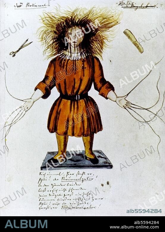 ANONYMOUS. Hoffmann, Heinrich; German psychiatrist and author; 1809-1894. Works: Der Struwwelpeter (Shock-headed Peter), 1847. - "Sieh einmal, hier steht er, (...) ". (See Slovenly Peter! Here he stands...). Original handwritten manuscript, with illustrations by the author himself. Pen and ink on paper, colourised.