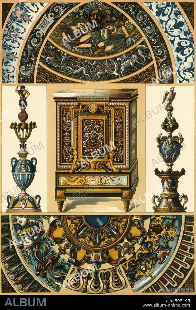 French Renaissance enamel on metal, pottery painting, metal mosaic, (1898). 'Figs 1-10: Decorations on Limoges-vessels (copper-enamelling), Fig 1 in private possession, Fig 2 from the Galerie d'Apollon in the Louvre at Paris, Figs 3 and 4 in the Bavarian National Museum at Munich. Figs 11 and 12: Fayence gable-heads. Figs 13-18: Decorations on fayence vessels by Bernard Palissy, from the Musée du Louvre at Paris and in private possession. Figs 19 and 20: Borders on fayence plates from Rouen. Fig 21: Little Boule-chest in the Musée du Louvre at Paris...Among the fayence-painters of the 16th century Bernard Palissy, of whose works we give some specimens in Figs 13-18, was of great importance for French ornamentation. The decorations of his fayences...consist in brilliantly coloured reliefs of a warm and vigorous tone. He brought in fashion especially those plates, on which various animals of the water, earth and air are painted with remarkable fidelity to nature...his ornaments...are to be reckoned among the most graceful of French Renaissance. A century and a half after Palissy another artist attained a certain celebrity at the French court, viz Andre Charles Boule [André-Charles Boulle], cabinet-maker to King Louis XVI. He had a special skill in decorating objects of any kind with inlaid-work. From him marquetry composed of different metals, mother-of-pearl, ivory, tortoise-shell, fine woods etc is commonly called Boule-Work, (Fig 21)'. Plate 67 from "The Historic Styles of Ornament" translated from the German of H. Dolmetsch. [B.T. Batford, London, 1898].