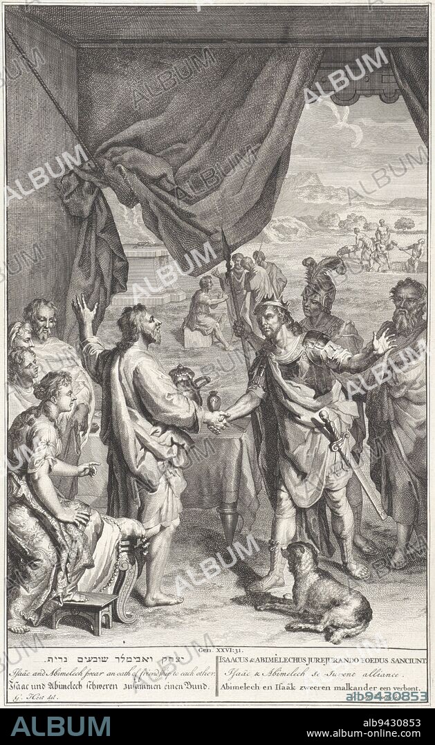 Abimelech and Isaac swear an oath to each other, Jan van Vianen, after Gerard Hoet (I), 1720 - 1728, Abimelech and Isaac swear an oath to each other, not to harm each other. Illustration of the biblical text Gen. 26: 31. Below the illustration the title in Hebrew, English, German, Latin, French and Dutch., print maker: Jan van Vianen, (mentioned on object), intermediary draughtsman: Gerard Hoet (I), (mentioned on object), publisher: Bernard Picart, (possibly), publisher: Amsterdam, publisher: The Hague, 1705 - 1720 and/or 1720 - 1728, paper, etching, engraving, h 356 mm × w 222 mm.