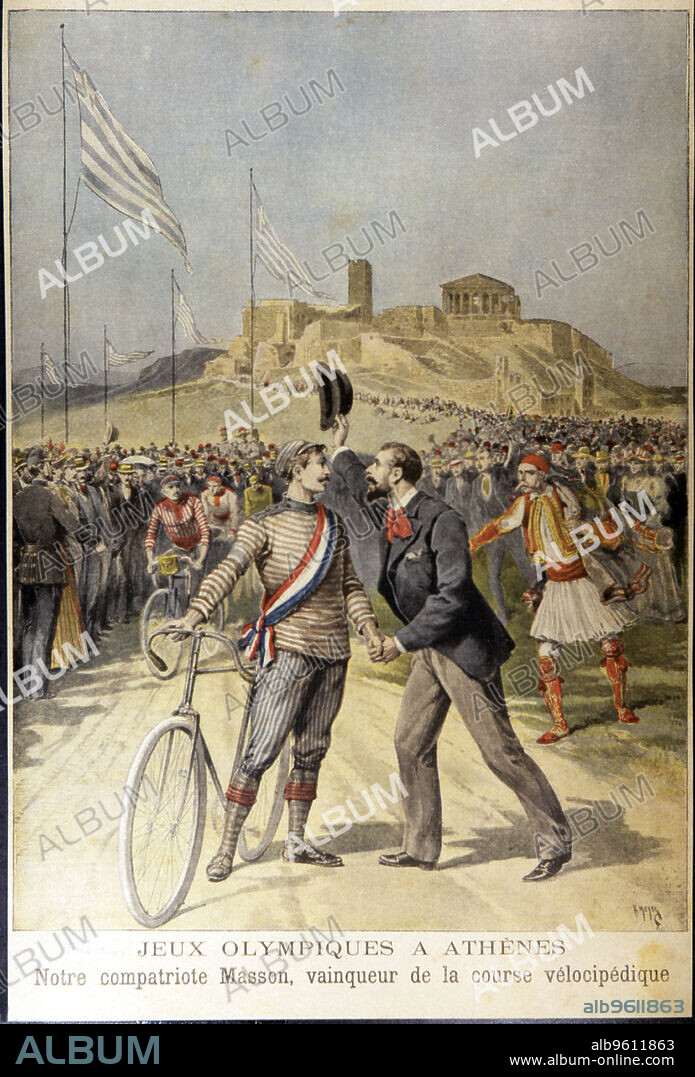 First Olympic Games of the modern era in Athens in 1896, the French Masson was the winner of the cycling race. Illustration from 'Le Petit Journal'.