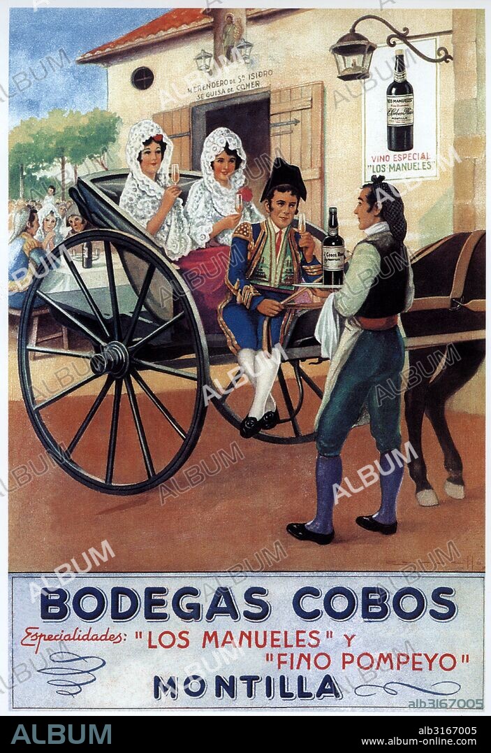 Publicidad. Bodegas Cobos, de Montilla; fiesta en un merendero andaluz. Años 1940.