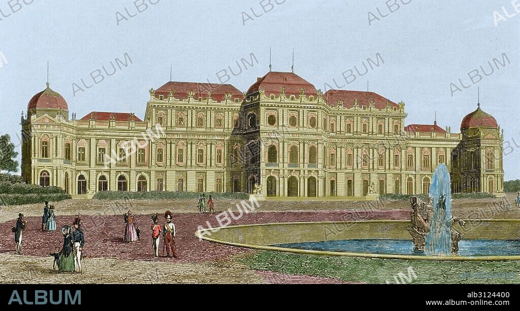HISTORIA DE AUSTRIA. SIGLO XVIII. PALACIO BELVEDERE. Construído entre 1714-1722 por el arquitecto Lucas von Hildebrandt (1668-1745). Era la residencia de verano del príncipe Eugenio de Saboya. Viena. Grabado coloreado del siglo XIX.