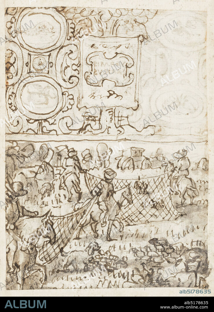 Recto, above: Preliminary Design for Title Page to Vermis Sericus('The Introduction of the Silkworm') print series; Recto, below: Preliminary Design for pl. 3 (The Incubation of Silkworm Eggs); Verso, above: Incomplete Preliminary Design for Title Page to Vermis Sericus; Verso, below: Hunting Quail and Rabbits using Nets, Preliminary Design for the Venationes Print Series, Jan van der Straet, called Stradanus, Flemish, 15231605, Pen and brown ink, brush and gray wash on paper, Recto, above: Title page design with 'VERMIS SERICUS' inscribed on a cloth hanging at center from a mulberry tree. At four corners, in oval medallions, representations of different phases of the metamorphosis of the silkworm. All enclosed within an ornamental frame. Recto, below: Women preform the incubation of silkworm eggs in an interior. At left and center, they spread the eggs on to pieces of cloth that will be wraped and placed into baskets, visible on the tables. Verso, above: incomplete design related to Vermis Sericus design on recto, left blank at right. Verso, below: men on horseback, accompanied by dogs, stretch nets between them to capture quail., Florence, Italy, 1596 or before, figures, Drawing, Drawing.