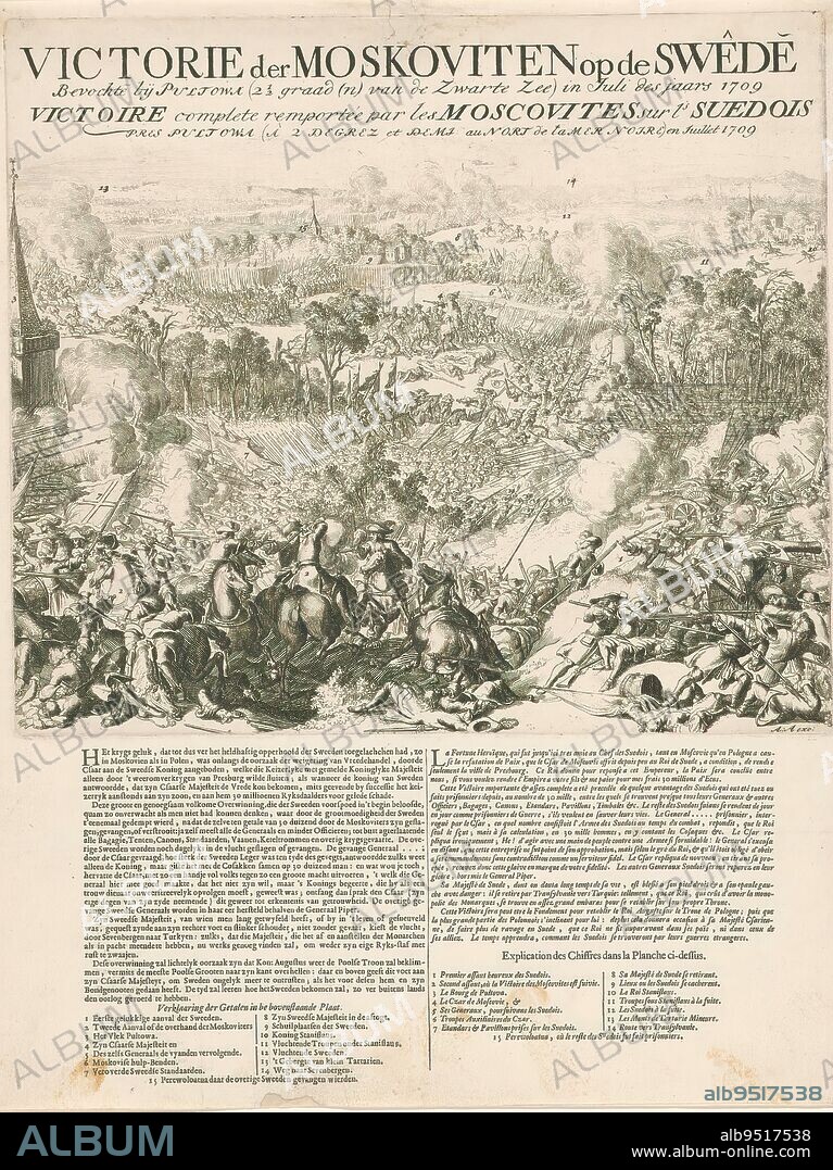 Battle of Poltava, 1709, Victory of the Muscovites over the Swêden Bevochten at Pultowa (2 1/2 degree (n) from the Black Sea) in JUli des jaars 1709 (title on object), Victory of the Russian forces over the Swedes at the battle of Poltava on July 8, 1709, in which Czar Peter the Great defeated the Swedish King Charles XII. It was the decisive battle in the Great Northern War. View of the battlefield. With captions in Dutch and French., print maker: anonymous, publisher: Abraham Allard, (mentioned on object), print maker: Northern Netherlands, publisher: Amsterdam, 1709, paper, etching, letterpress printing, height 414 mm × width 320 mm.
