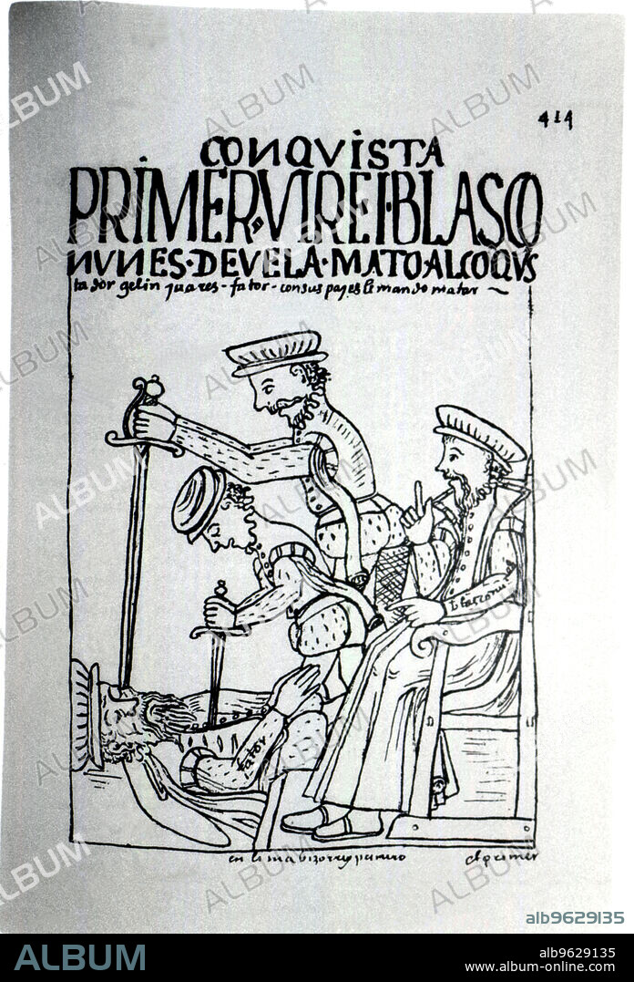 Death of Blasco Nunez de Vela, Viceroy of Peru, at the hands of Gonzalo Pizarro in 1546, illustration from the book 'Nueva Crónica y Buen Gobierno', story of the Incas.