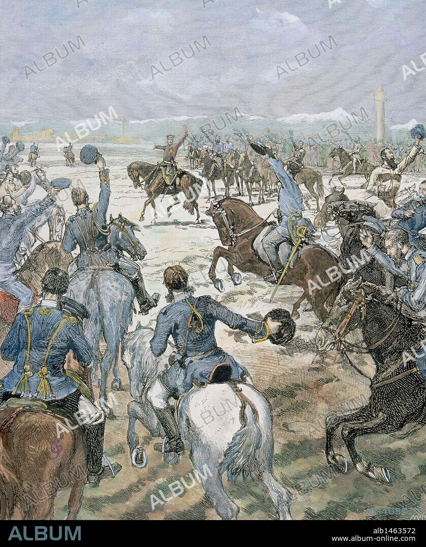 Russo-Turkish War. The Grand Duke Nicholas of Russia told his troops that peace has been signed in St. Stefan, March 3, 1878. Colored engraving, 1878. The Spanish and American Illustration.