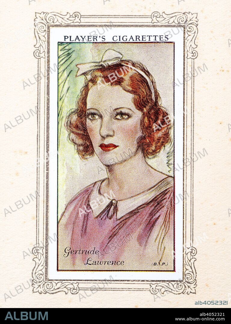 Gertrude Lawrence, 1934. Gertrude Lawrence (4 July 1898 - 6 September 1952) was an English actress, singer, dancer and musical comedy performer known for her stage appearances in the West End of London and on Broadway in New York. From An Album of Film Stars; Second Series issued by John Player & Sons. [Imperial Tobacco & Co Ltd, 1934].