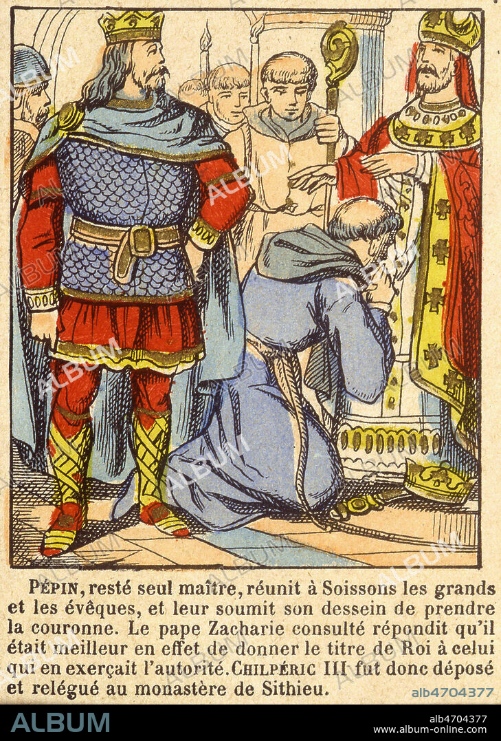 Le pape ZACHARIE accepte de donner le titre de roi a PEPIN (714-768). CHILPERIC III est donc envoye dans un monastere. Imagerie Pont a Mousson vers 1860. Credit : Collection KHARBINE-TAPABOR.