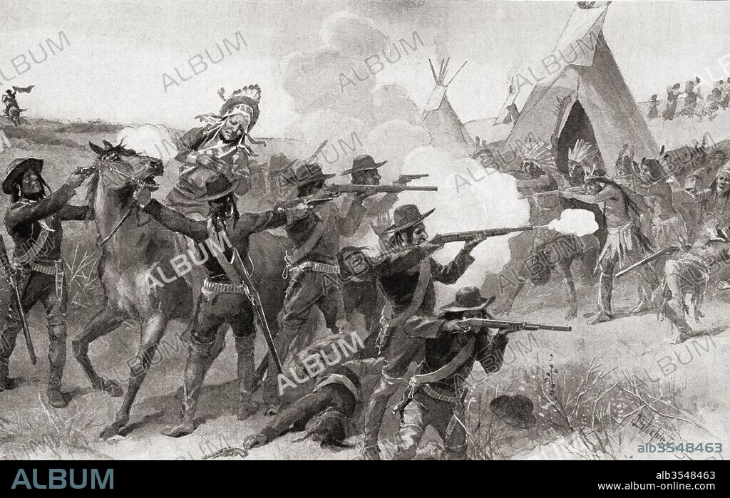 The death of Sitting Bull, shot and killed by Bull Head member of the Indian agency police, on the Standing Rock Indian Reservation, Dakota, United States of America during an attempt to arrest him. Sitting Bull, aka Hú?kešni or "Slow", c. 1831 – 1890. Hunkpapa Lakota holy man who led his people as a tribal chief during years of resistance to United States government policies. From The History of Our Country, published 1900.