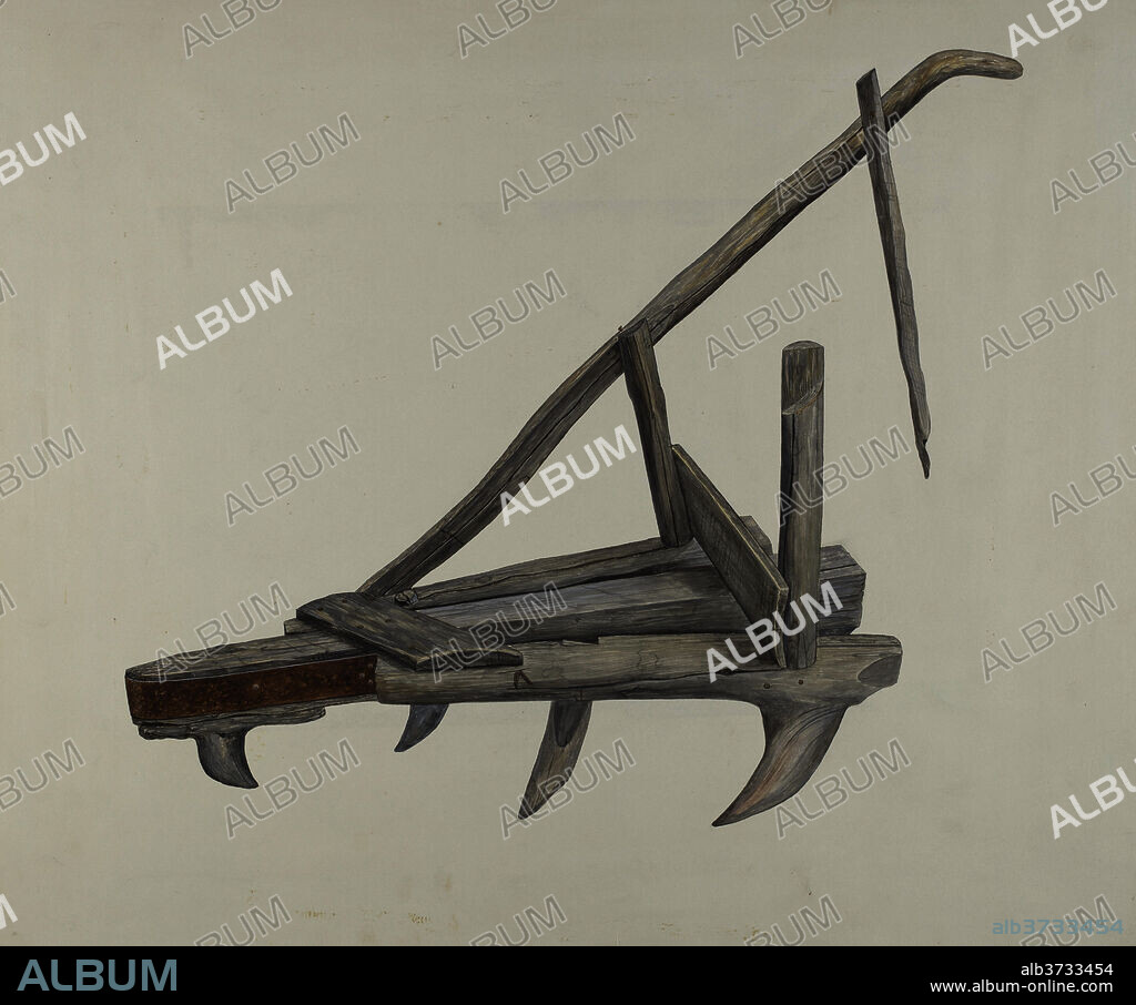 WILBUR M RICE. Wooden Harrow or Cultivator. Dated: c. 1937. Dimensions: overall: 40.9 x 48.4 cm (16 1/8 x 19 1/16 in.)  Original IAD Object: 37" long. Medium: watercolor and graphite on paper.