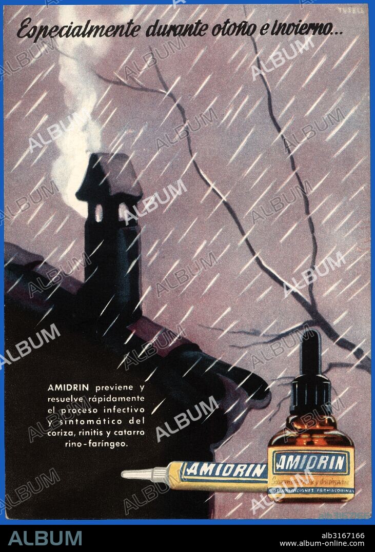 Publicidad farmacéutica. Amidrin, pomada nasal antiséptica y descongestiva. Otoño, invierno. Años 1950.
