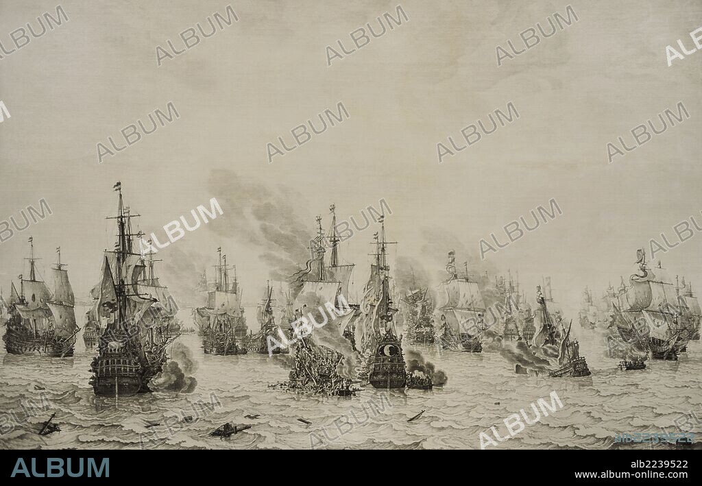 WILLEM VAN DE VELDE EL VIEJO. Primera Guerra Anglo-neerlandesa (1652-1654) por el control de las rutas comerciales marítimas. "La Batalla de Livorno" 14 de marzo de 1653, Italiano. Victoria de la flota holandesa sobre la flota inglesa. La flota de Johan Galen derrota a Bodley. Obra de Willem van de Velde I (1611-1693). Tinta sobre lienzo, 1659. Rijksmuseum. Amsterda. Países Bajos.