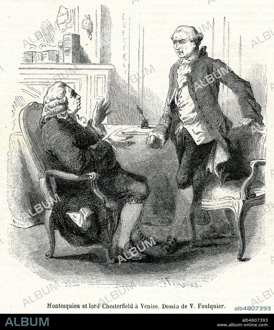MONTESQUIEU (1689-1755) et Lord CHESTERFIELD a Venise. Illustration de Valentin FOULQUIER (1822-1896) pour le Musee des Familles de juin 1854. Credit : Collection Jonas/Kharbine-Tapabor.