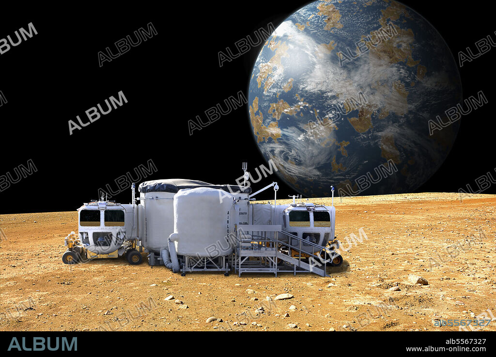 An artist's depiction of a lunar base on a barren moon. The moon's Earth-like planet rises in the background. The small colony is equipped with two rovers for astronauts to use for exploration of the surface. - Elements of this image furnished by NASA.