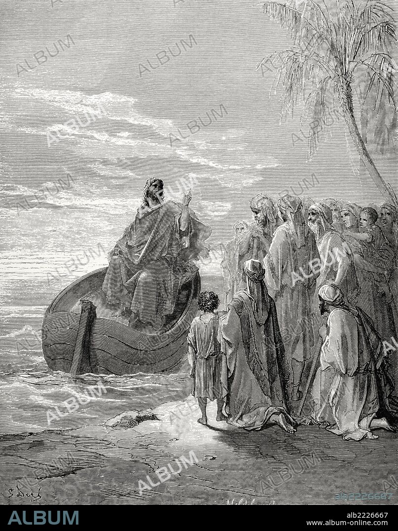 PAUL GUSTAVE DORÉ. NUEVO TESTAMENTO. JESUS PREDICANDO EN EL MAR DE GALILEA. Evangelio San Lucas, Capítulo V, Versículos 1-3. Dibujo de Gustavo Doré. Grabado de Hildebrand. Siglo XIX.