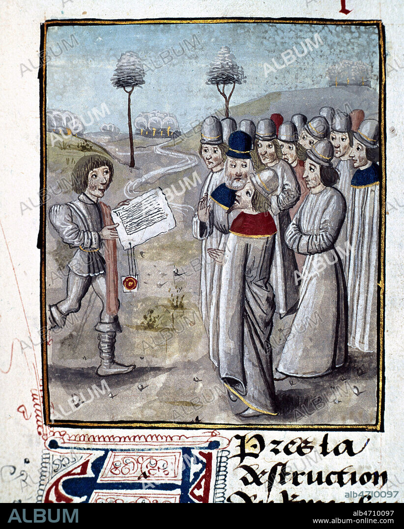 Messager apportant une lettre a un groupe de notables . Enluminure tiree des Chroniques de Hainaut par Jacques de GUISE, datant du 15eme s (XVe, 15e s.). Manuscrit medieval conserve a la bibliotheque Sainte-Genevieve. Ms. 809 f°258. Credit : Collection JEAN VIGNE / Kharbine-Tapabor.