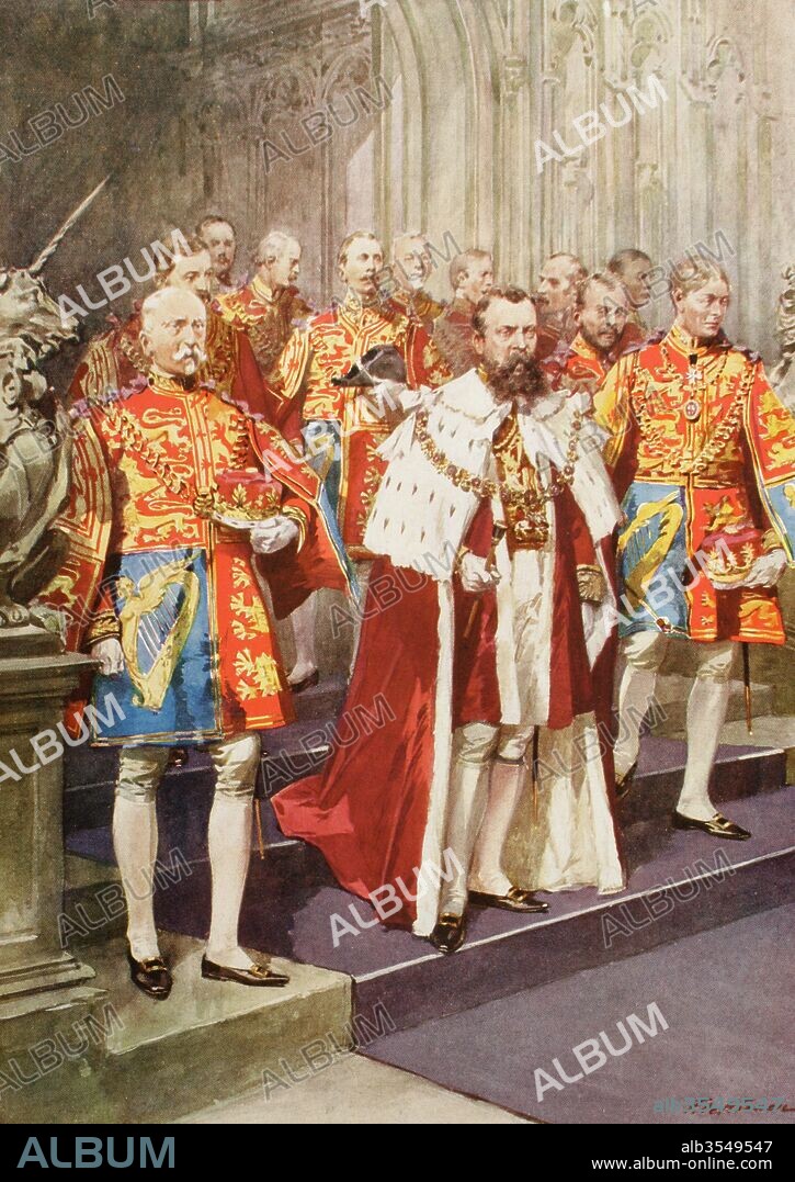 King George V and the officers of Heralds College, during his coronation in 1910, together with the arms of the English Sovereigns from William I to George V. George V, George Frederick Ernest Albert, 1865 to 1936. King of the United Kingdom and the British Dominions, and Emperor of India. From The Illustrated London News, 1910.
