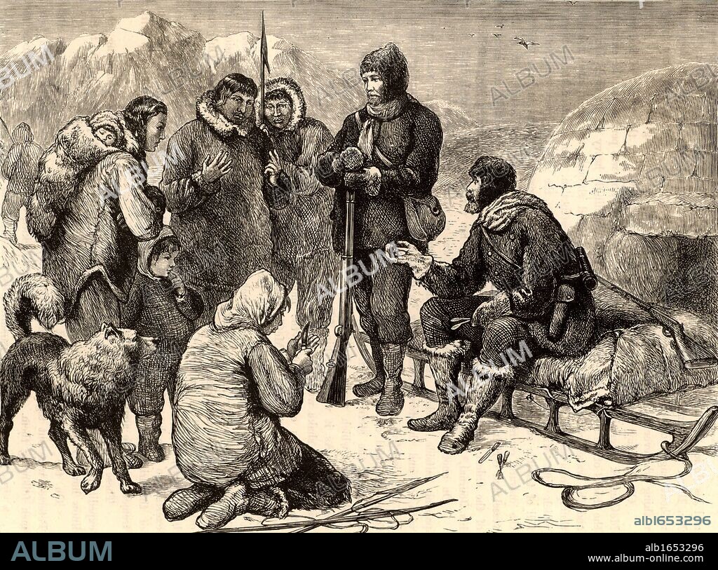 Sir John Franklin (1786-1847) British naval officer and arctic explorer commanded the 1845 expedition of the ships 'Erebus' and 'Terror' to search for the North West Passage. Francis Leopold McClintock (1819-1907) receiving proof that John Franklin and his party had perished, and purchasing relics such as silver spoons, medals and button from the Inuits. Engraving from "Heroes of Britain" by Edwin Hodder (London, c1880). (Photo by: Universal History Archive/UIG via Getty Images).