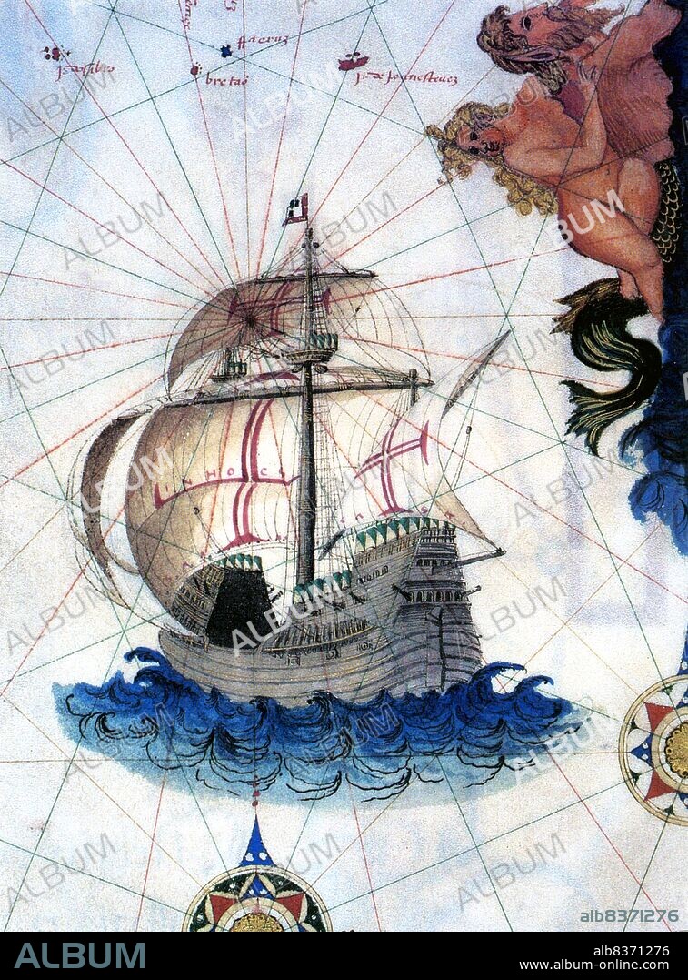 A carrack was a three- or four-masted sailing ship developed in the 15th century by the Genoese for use in commerce. They were widely used by Europe's 15th-century maritime powers, from the Mediterranean to northwest Europe, although each region had models of slightly different design. The Portuguese and the Spanish used them for oceanic travel and to explore the world.<br/><br/>. With linguistic variation, these ships were called: caracca or nao in the Genoese dialect and in Castillian Spanish; nau in Portuguese; caraque or nef in French. The name carrack probably derives from the Arab Harraqa, a type of ship that first appeared along the shores of the Tigris and Euphrates rivers roughly during the 9th century.<br/><br/>. Carracks were ocean-going ships: large enough to be stable in heavy seas, and roomy enough to carry provisions for long voyages. They were usually square-rigged on the foremast and mainmast and lateen-rigged on the mizzenmast. They had a high rounded stern with large aftcastle, forecastle and bowsprit at the stem. As the forerunner of the great ships of the age of sail, the carrack was one of the most influential ship designs in history; while ships became more specialized, the basic design remained unchanged throughout this time period.