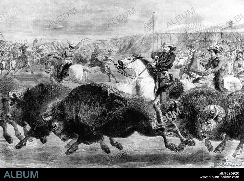 William Frederick " Buffalo Bill " Cody . The " Wild West " at the Great American Exhibition , hunting bison and Hapiti deer .