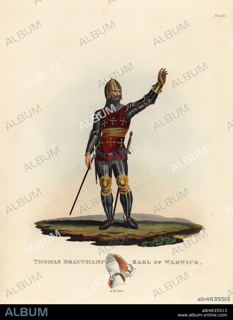 Thomas Beauchamp, 11th Earl of Warwick, 1313-1369, English nobleman and military commander. He wears plate armour and chainmail, and carries his staff of office as Marshal of the Army. His surcoat has the fesse and six crosses crosslet of the Beauchamp arms. Handcoloured lithograph by Maddocks after an illustration by S.R. Meyrick from Sir Samuel Rush Meyrick's A Critical Inquiry into Antient Armour, John Dowding, London, 1842.