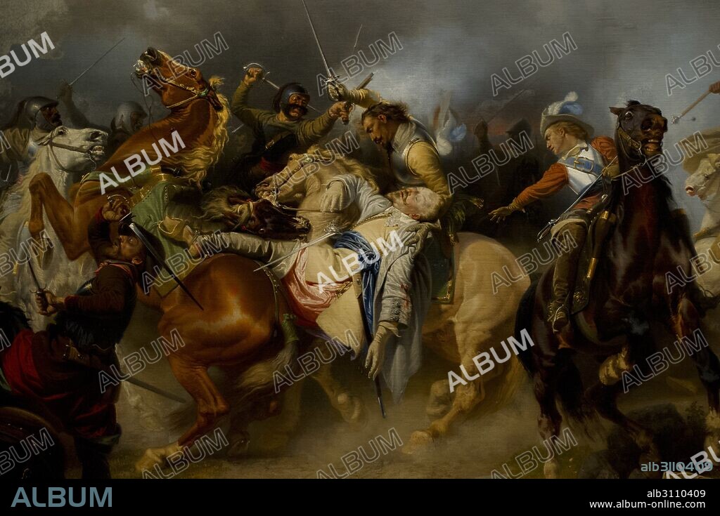 Guerra de los Treinta Años. Guerra religiosa y política que asoló Europa entre 1618 y 1648. Muerte del rey Gustavo II Adolfo de Suecia en la Batalla de Lützen, 1855. Obra de Carl Wahlbom (1810-1858). Detalle. Museo Nacional (National Museum). Estocolmo. Suecia.