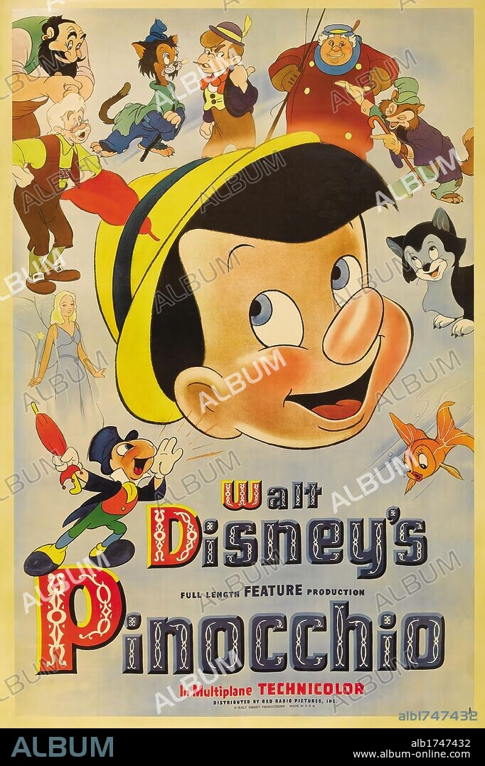 Poster de PINOCHO, 1940 (PINOCCHIO), dirigida por BEN SHARPSTEEN y HAMILTON LUSKE. Copyright WALT DISNEY PRODUCTIONS.
