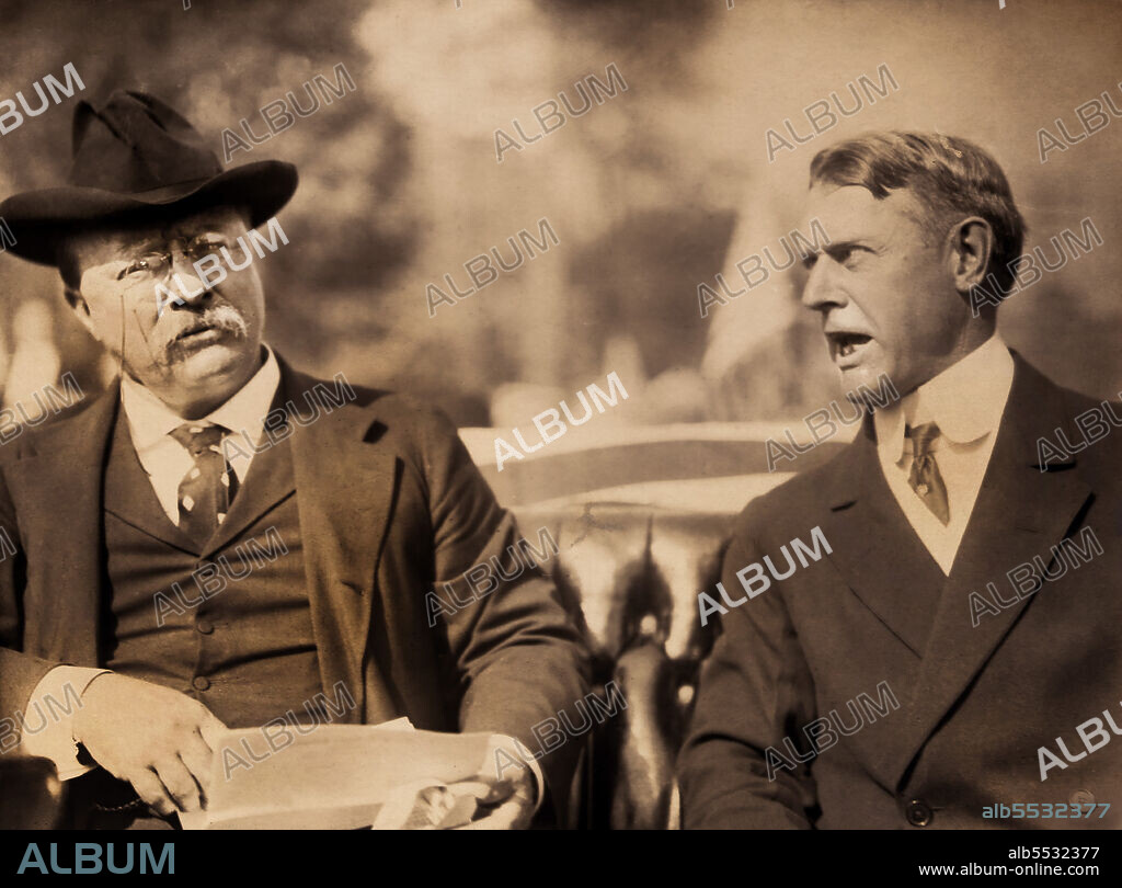 Former U.S. President Theodore Roosevelt with former U.S. Senator from Indiana Albert Beveridge during U.S. Presidential Election Campaign under the new Progressive Party, Unidentified Artist, 1912.