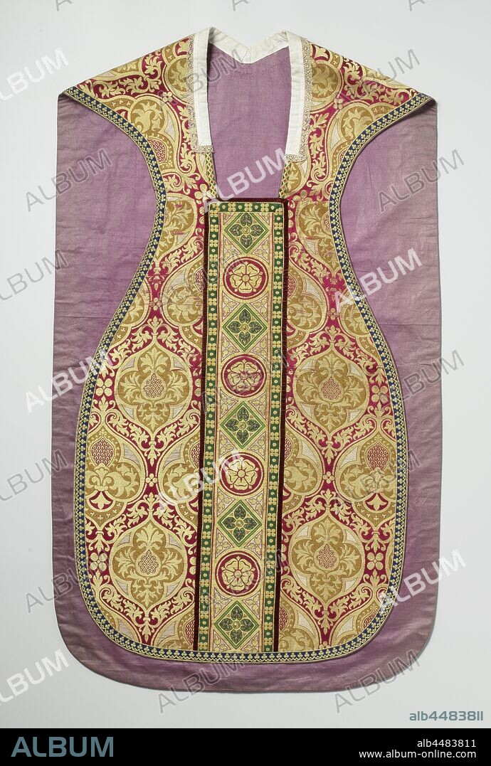 Silk canopy with a pattern of four passes within oval fields, Silk canopy with a pattern of four passes within oval fields. Details of the appliqued aurifrisia and the dorsal cross have added embroidery of gilt metal wire, sewn-on ornamental stones and pearls and show the Christ monogram IHS, furthermore, applied representations of Saint Joseph with the Christ child and of Saint Ignatius of Loyola. Neo-gothic., anonymous, Roermond (possibly), 1850 - 1900, silk, metal thread, gilding (material), pearl, gilding, h 115.5 cm × w 64.5 cm.