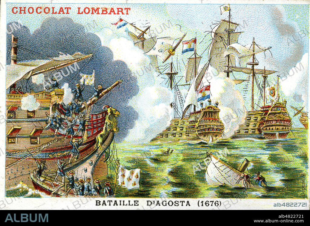 'Bataille d'Agosta (1676)'. Elle oppose, dans le cadre de la guerre de Hollande une flotte française commandee par Abraham Duquesne a une flotte combinee, espagnole et hollandaise, commandee par don Francisco de la Cerda et Michiel de Ruyter (17e, XVIIe, 17eme siecle). Chromo publicitaire Lombart vers 1900. Credit : Collection KHARBINE-TAPABOR.