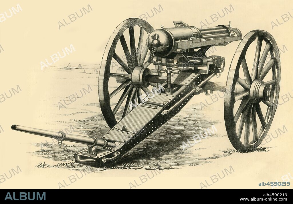 'The Gatling Mitrailleuse', c1872. The Gatling gun was an early rapid-fire spring loaded, hand cranked weapon invented by Richard Gatling. From "The Franco-Prussian War: its causes, incidents and consequences", Volume I, by Captain H M Hozier. [William Mackenzie, London, 1872].