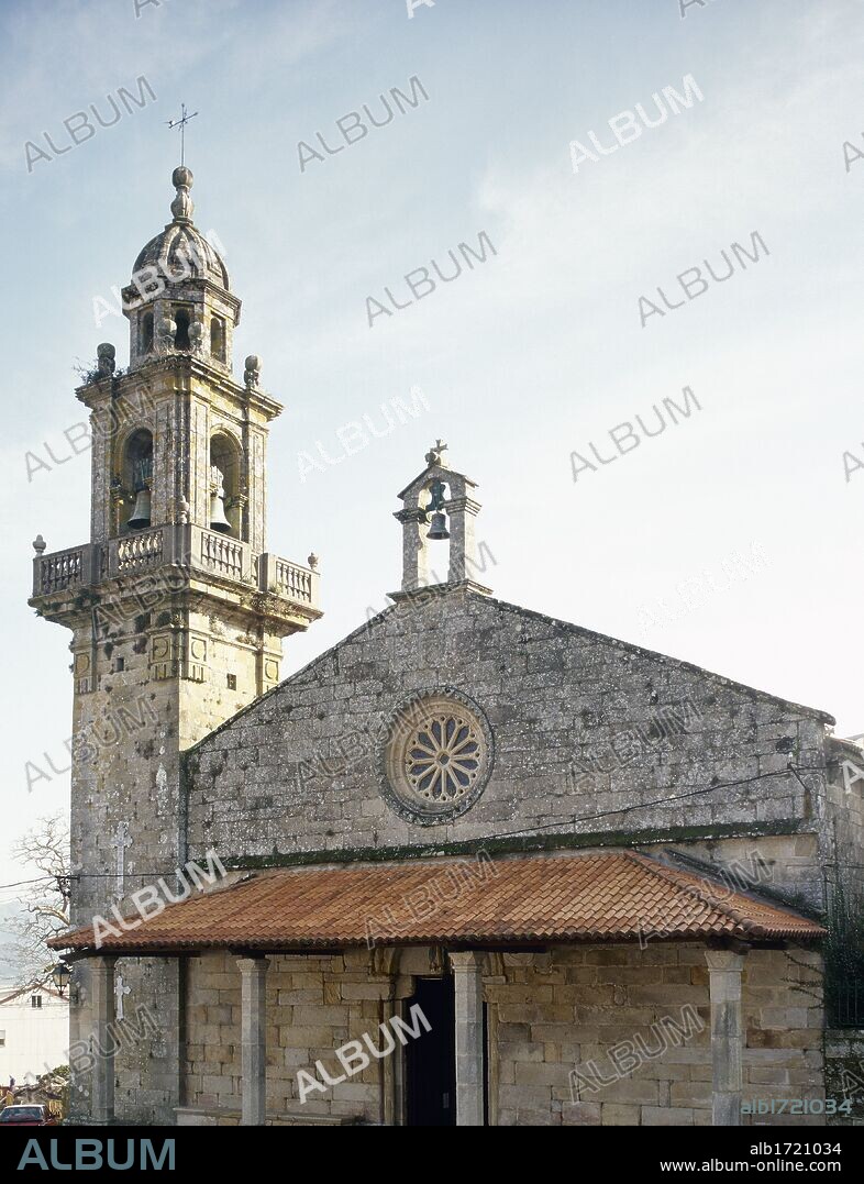 Spain. Galicia. A Coru–a province. Muros. Church of San Pedro (Saint Peter's church). Old Collegiate Church of Santa Maria. The early temple was built in Romanesque style dating back to the 12th century, but only the main portal remains. The current building was started by the archbishop of Santiago Lope de Mendoza in the first half of the 15th century. The tower was built in Baroque style between 1757 and 1758.