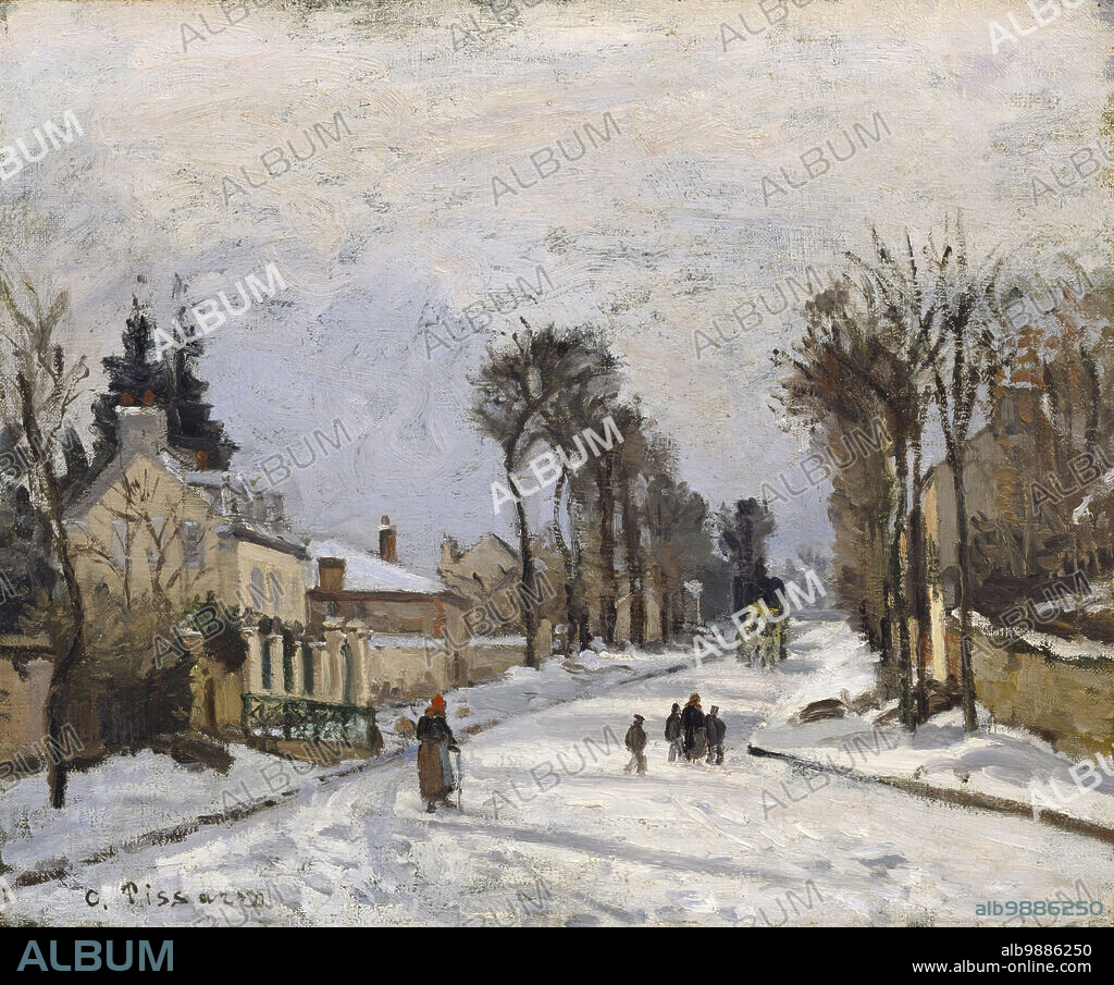 CAMILLE PISSARRO (1830-1903). Route to Versailles, Louveciennes, 1869. In 1869, Pissarro settled in Louveciennes, a suburban village northwest of Paris frequented by the Impressionists. Pissarro often painted his own house and studio, which were situated on the north side of the village on the road to Versailles, in varying seasons and climatic conditions.
