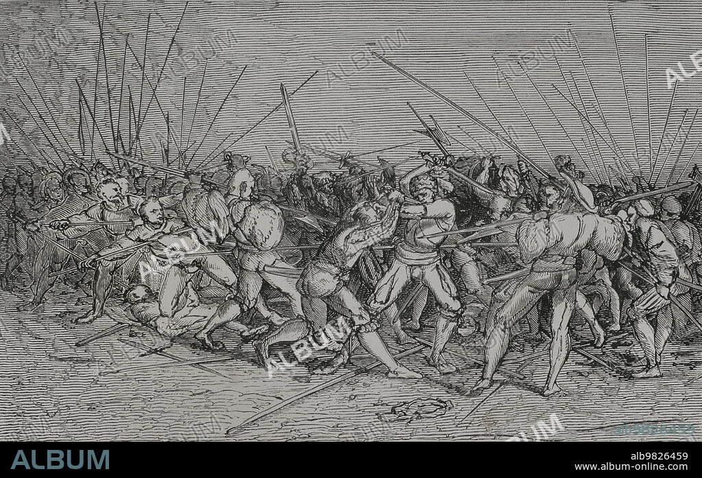 Combate de lansquenetes. Soldados de la infantería alemana. Lucharon también junto a los tercios españoles durante el reinado de la casa de Austria. Grabado. Facsímil a partir de un dibujo de Hand Holbein el Joven, h. 1530. "Vie Militaire et Religieuse au Moyen Age et á l'Epoque de la Renaissance". París, 1877.