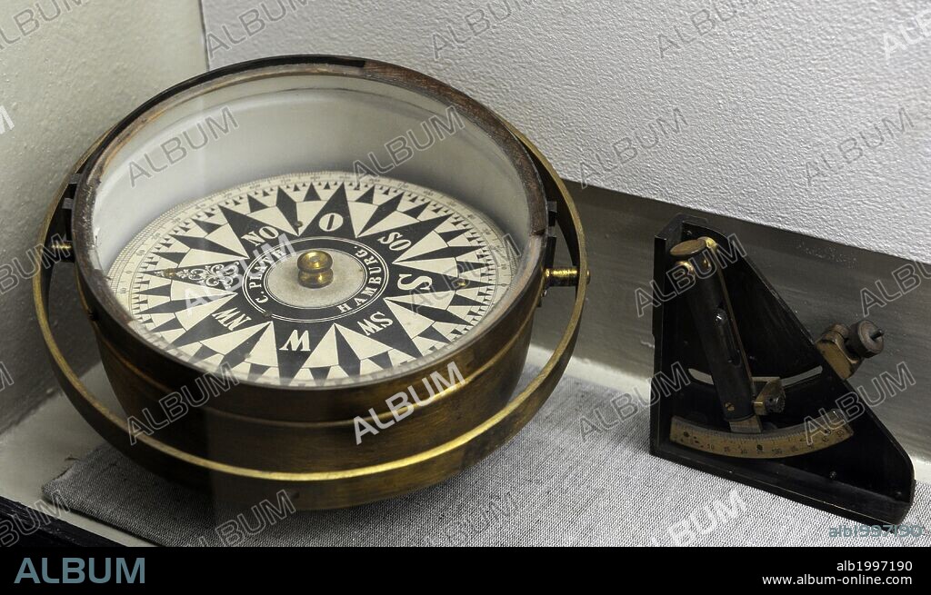 Old navigational instruments. Compass and sextant. 19th-20 th centuries. Museum of History and Navigation. Riga. Latvia.