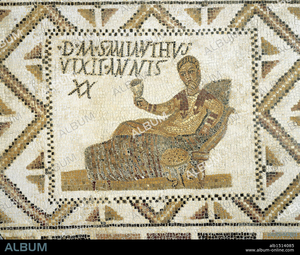Roman civilization, 4th century A.D. Funerary mosaic depicting a young man (Amianthus) drinking while lying on a bed. From Henchir Thyna, ancient Thaenae, Tunisia.