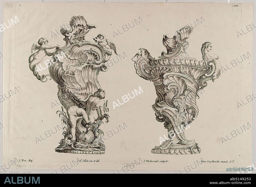 Martin Engelbrecht, Jeremias Wachsmuth, I. F. Hildt, Zwei Gefäße, leaf from the series Einige und nach der neuesten Façon eingerichtete Vassi oder Geschirr, etching, sheet size: height: 22.7 cm; width: 33.8 cm, recto: signed, numbered and inscribed in the plate:C. Priv. Maj, I. F. Hildt inv. et del, I. Wachsmuth sculpsit, Mart. Engelbrecht excud. A. V, 182. as well as inscribed in lead by someone else: 1893, prints, printed matter, rocaille, rococo, sheet 3 ( consecutive number 182) of the set Einige und nach der neuesten Façon eingerichtet Vassi oder Geschirr Inventirt and drawn by I.F. Hildt, edited by M. Engelbrecht, publishing number 37.