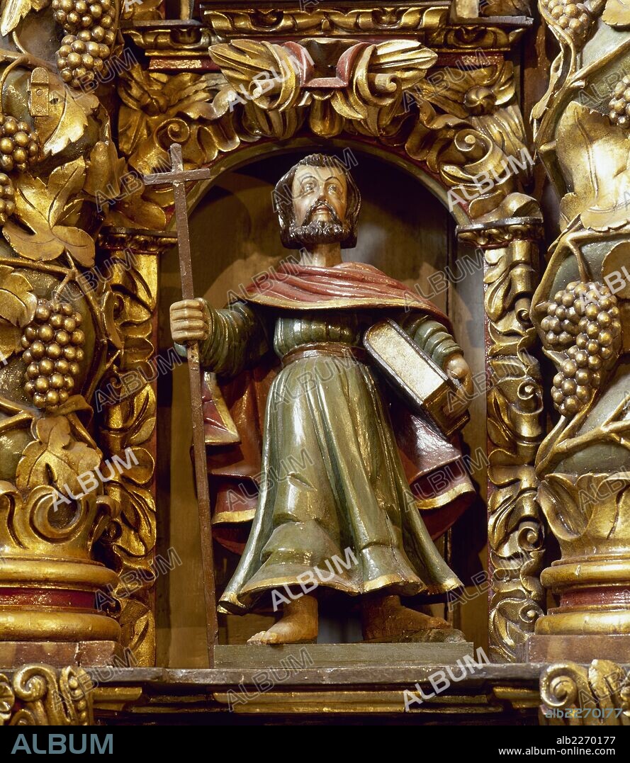 Philip the Apostle (d. 80 AD). Polychrome wood carving sculpture of the Baroque altarpiece (18th century), Sanctuary of San Andres de Teixido, La Coru–a province, Galicia, Spain.
