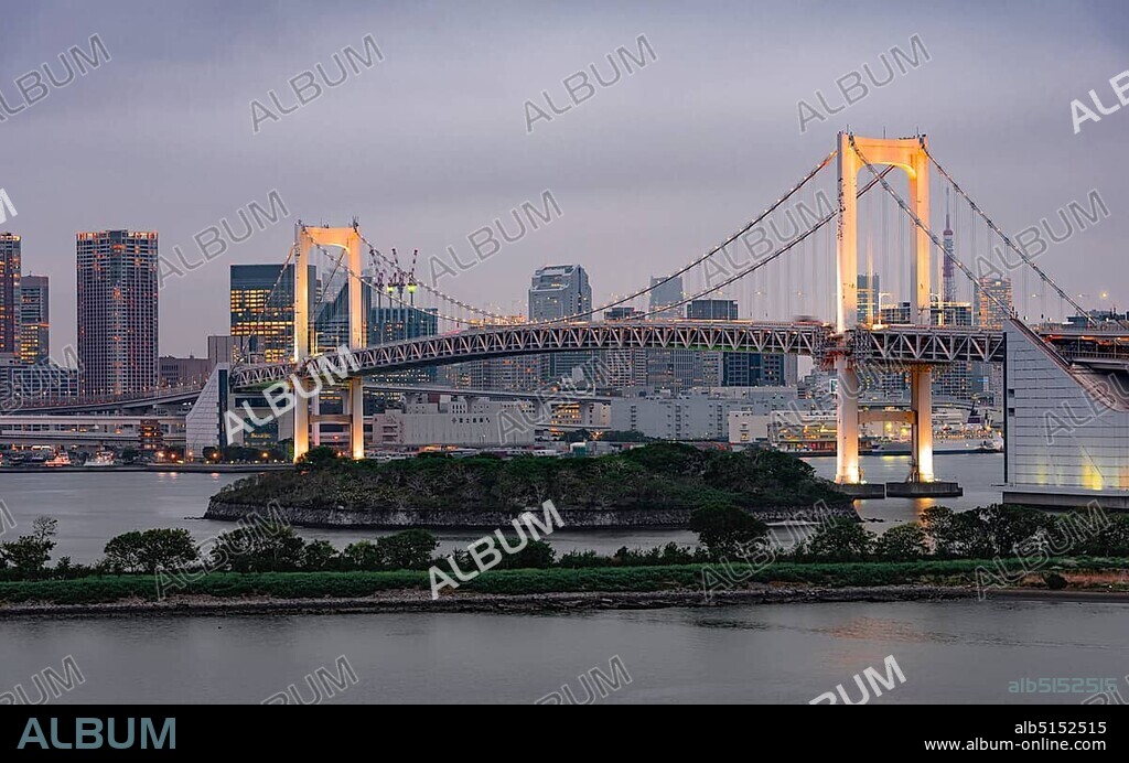 View of skyline with skyscrapers and illuminated Rainbow Bridge in the evening, Odaiba, Tokyo, Japan, Asia.