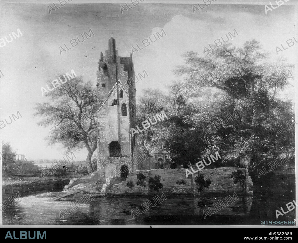 Ruins of the Chateau Kostverloren, Meindert Hobbema, Dutch, 1638-1709, Oil on panel, 15 7/8 x 20 7/8 in., 40.3 x 53.0 cm, castle, lake, old.