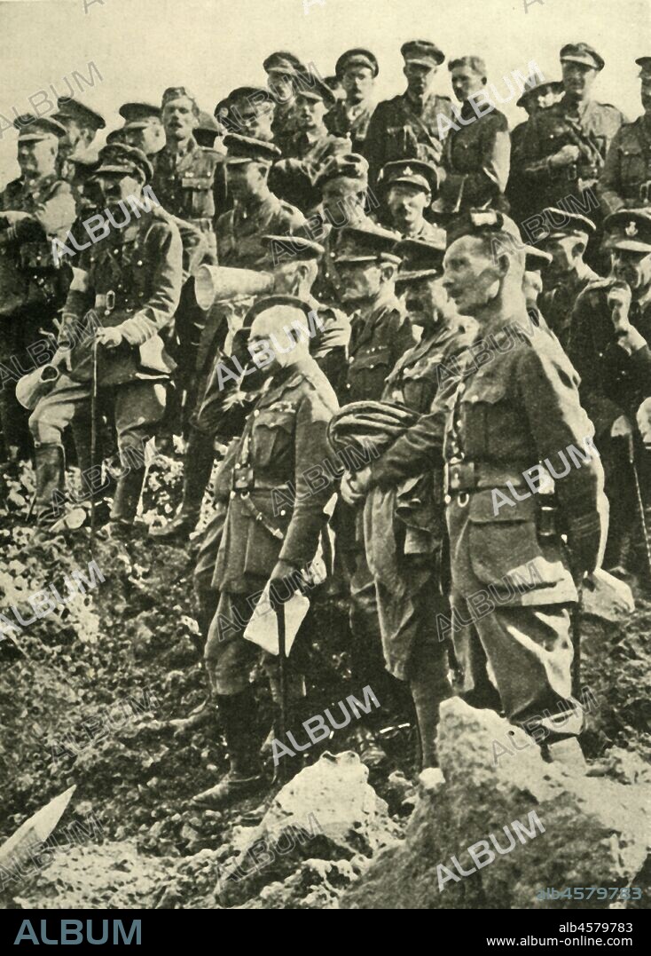 'General Sir Herbert Plumer inspecting the effects of a mine explosion', First World War, c1917, (c1920). 'The Second Army's Chief on the Flanders Front'. Herbert Plumer (centre), and fellow British officers on the battlefield, Belgian Western Front. From "The Great World War: A History", Volume VII, edited by Frank A Mumby. [The Gresham Publishing Company Ltd, London, c1920].