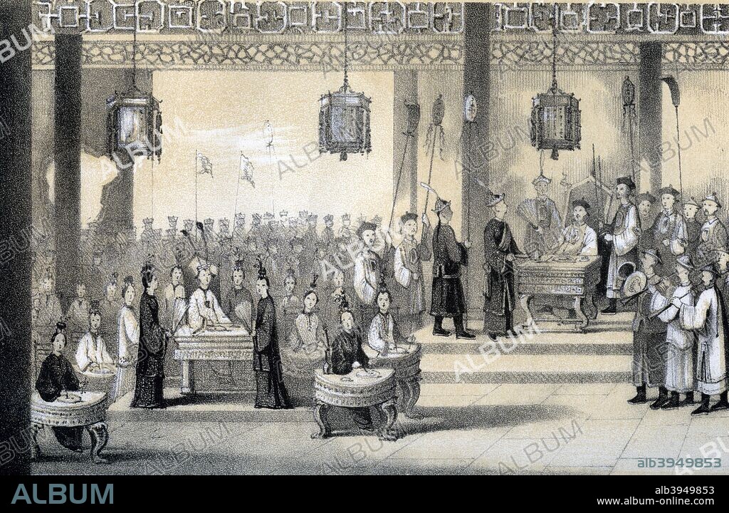 'The annual festival celebrating the emperor's birthday, revived by Kublai-Khan', 1847. Scene in the Chinese imperial court. Illustration from The History of China and India, by Miss Corner, (Dean and Co, London, 1847).