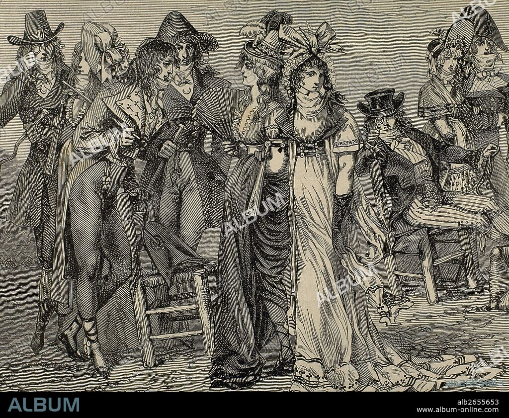 French history. First Empire (1804-1820). Dressed as bourgeois fashion empire style. Engraving. 19th century.