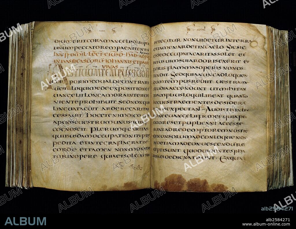 GREGORIO I MAGNO, San (Roma, h.540-604). Papa entre los años 590 y 604. Fué el primero en hacer del obispo de Roma el de toda la cristiandad y superior a los patriarcas orientales. TEXTOS DEL PAPA SAN GREGORIO EL GRANDE. Manuscrito en pergamino. Contiene el segundo libro, es decir las veinte últimas homilías de San Gregorio. Escrita en letra UNCIAL, utilizada en los escritorios medievales de los siglos IV-IX. Texto procedente del un escritorio de la Galia merovingia. Siglo VII. Arxiu Capitular de Barcelona. Cataluña.