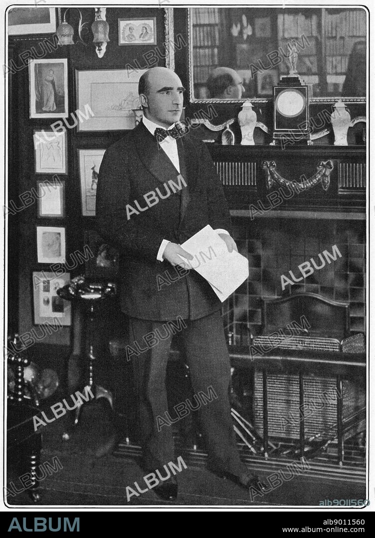 Arthur Wing Pinero (1855-1934), English dramatist, at home, 1903. After a series of comedies, in 1893 with 'The Second Mrs Tanqueray', Pinero began a series of realistic tragedies. From 'The Tatler'. (London, 1 July 1903).